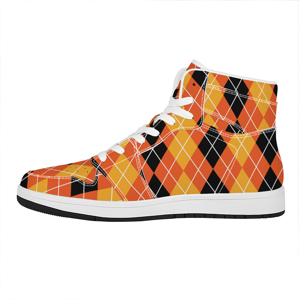 Black And Orange Argyle Pattern Print High Top Leather Sneakers