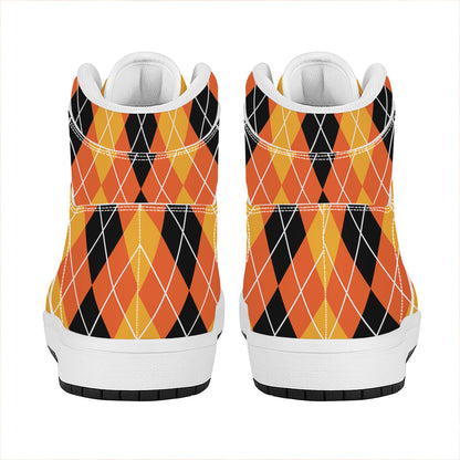 Black And Orange Argyle Pattern Print High Top Leather Sneakers