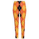 Black And Orange Argyle Pattern Print High-Waisted Pocket Leggings