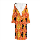 Black And Orange Argyle Pattern Print Hooded Bathrobe