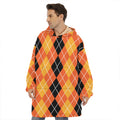 Black And Orange Argyle Pattern Print Hoodie Blanket