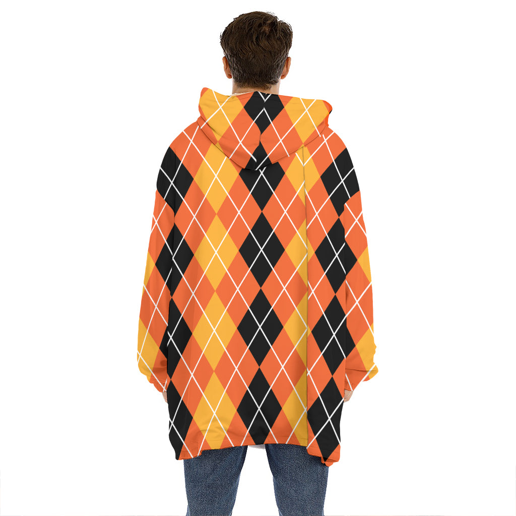 Black And Orange Argyle Pattern Print Hoodie Blanket