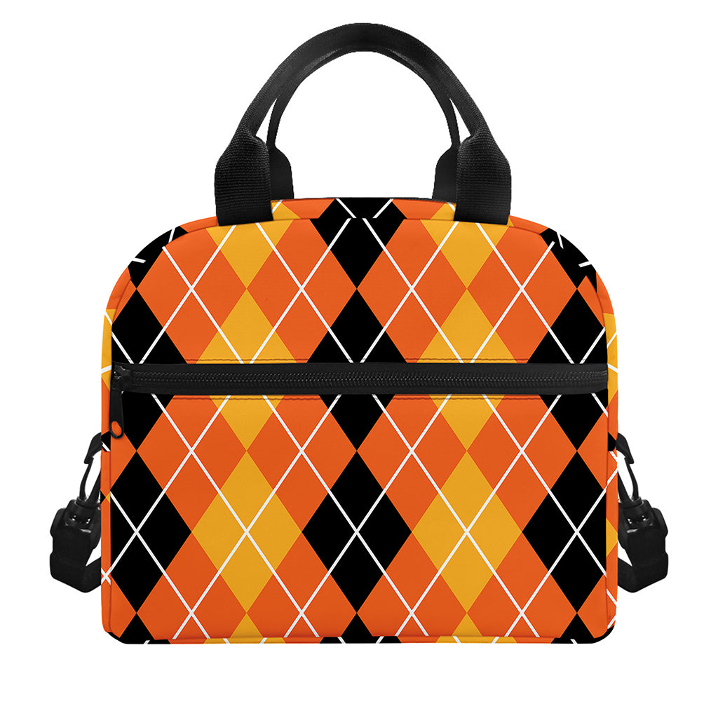 Black And Orange Argyle Pattern Print Insulated Lunch Bag