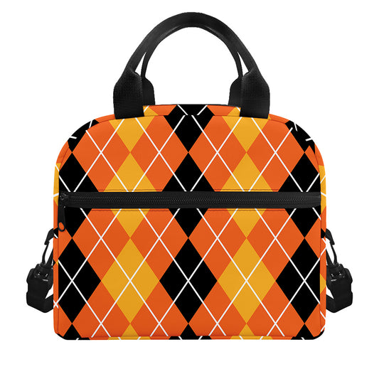 Black And Orange Argyle Pattern Print Insulated Lunch Bag
