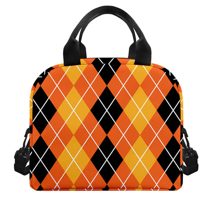 Black And Orange Argyle Pattern Print Insulated Lunch Bag