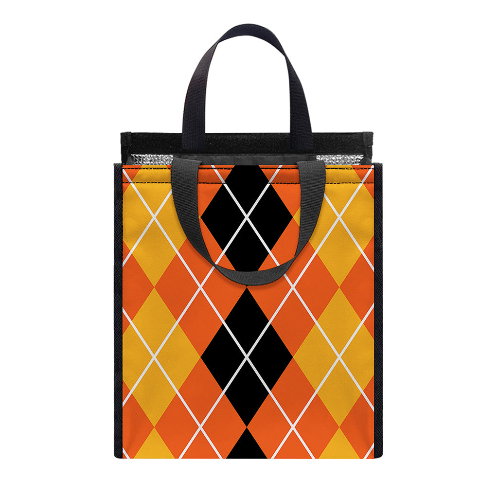 Black And Orange Argyle Pattern Print Insulated Lunch Tote