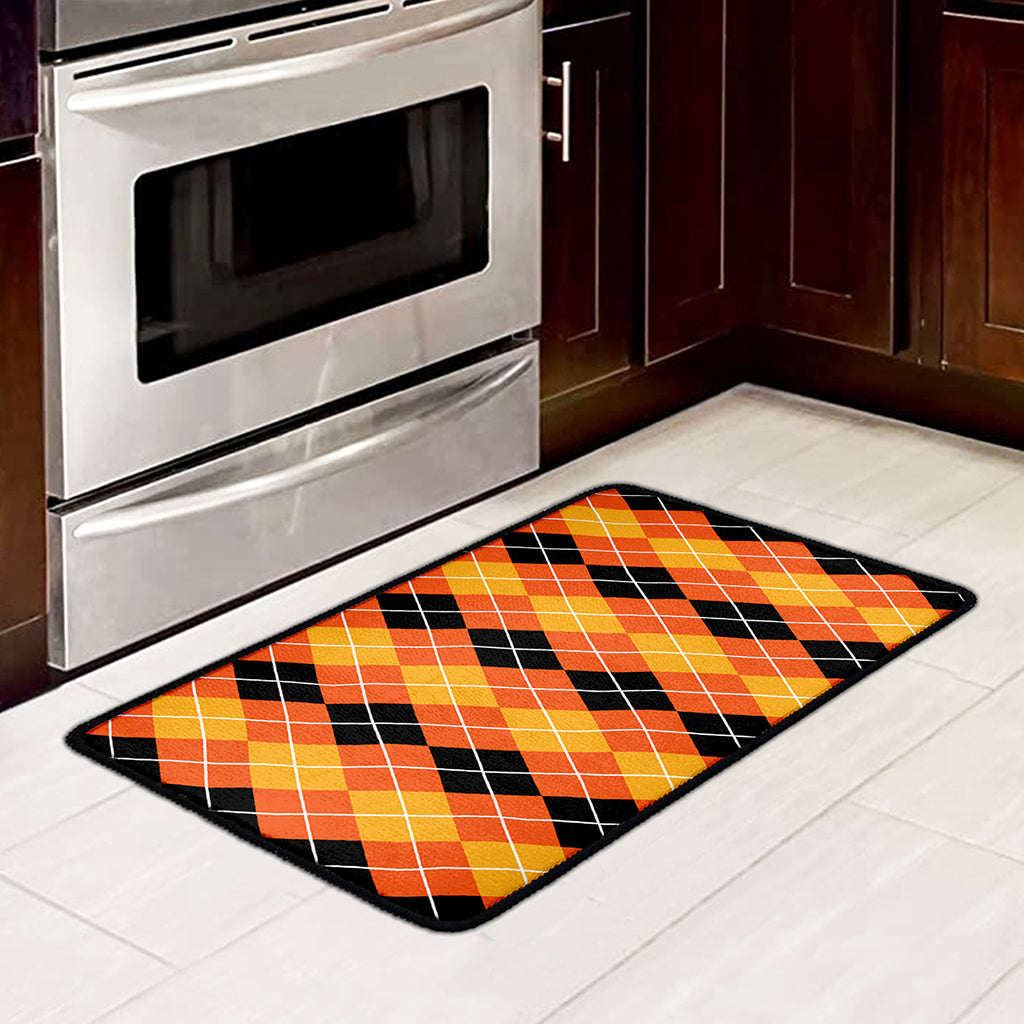 Black And Orange Argyle Pattern Print Kitchen Mat