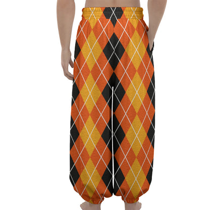 Black And Orange Argyle Pattern Print Lantern Pants
