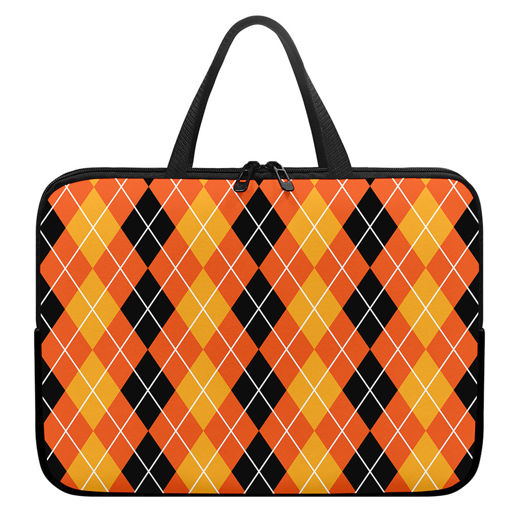 Black And Orange Argyle Pattern Print Laptop Sleeve With Handle