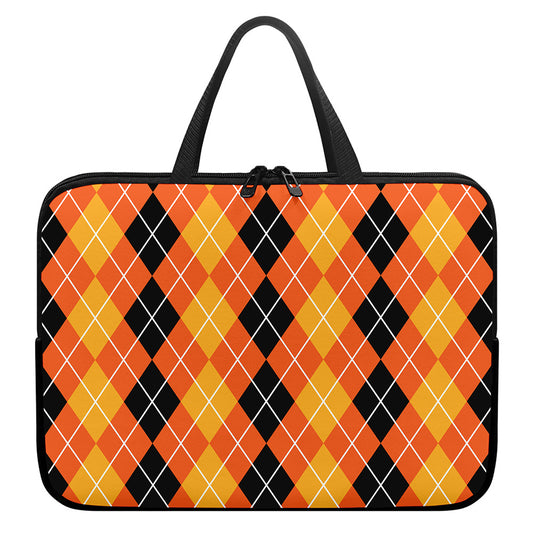 Black And Orange Argyle Pattern Print Laptop Sleeve With Handle