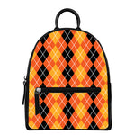 Black And Orange Argyle Pattern Print Leather Backpack