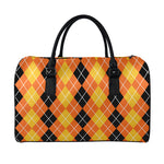 Black And Orange Argyle Pattern Print Leather Duffle Bag