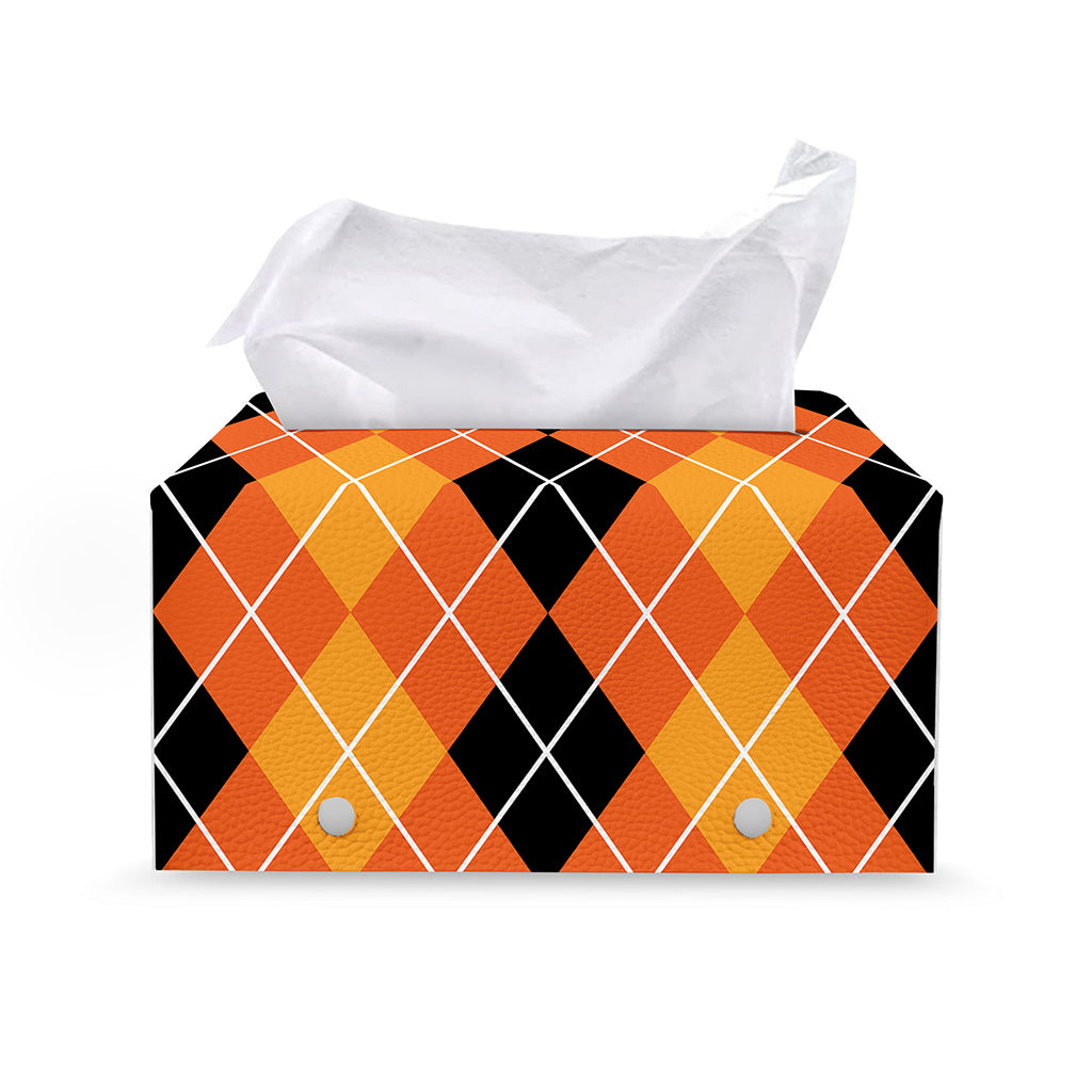 Black And Orange Argyle Pattern Print Leather Tissue Box Cover