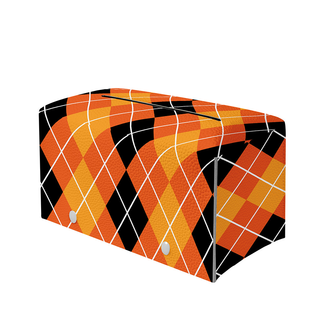 Black And Orange Argyle Pattern Print Leather Tissue Box Cover