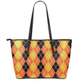 Black And Orange Argyle Pattern Print Leather Tote Bag With Zipper