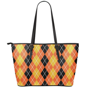 Black And Orange Argyle Pattern Print Leather Tote Bag