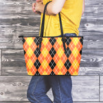 Black And Orange Argyle Pattern Print Leather Tote Bag