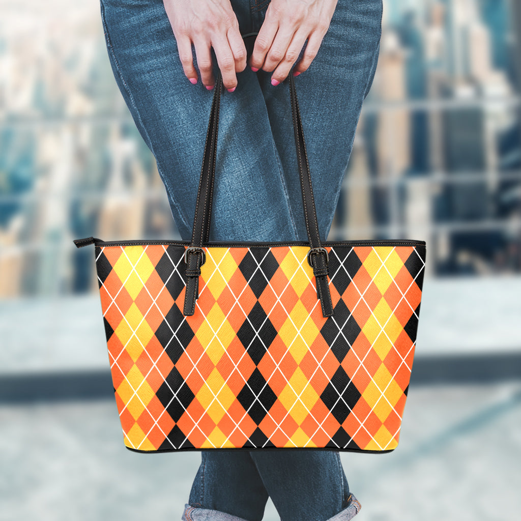 Black And Orange Argyle Pattern Print Leather Tote Bag