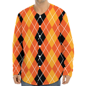 Black And Orange Argyle Pattern Print Long Sleeve Baseball Jersey