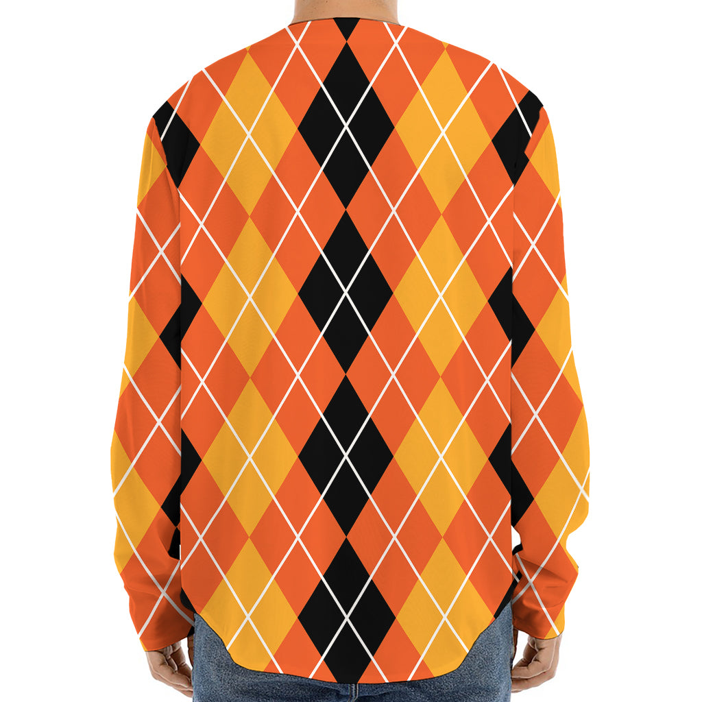 Black And Orange Argyle Pattern Print Long Sleeve Baseball Jersey