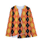 Black And Orange Argyle Pattern Print Long Sleeve Short Coat