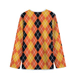 Black And Orange Argyle Pattern Print Long Sleeve Short Coat