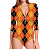 Black And Orange Argyle Pattern Print Long Sleeve Swimsuit