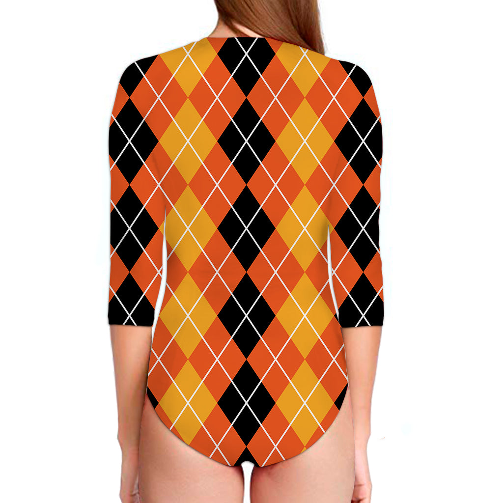 Black And Orange Argyle Pattern Print Long Sleeve Swimsuit