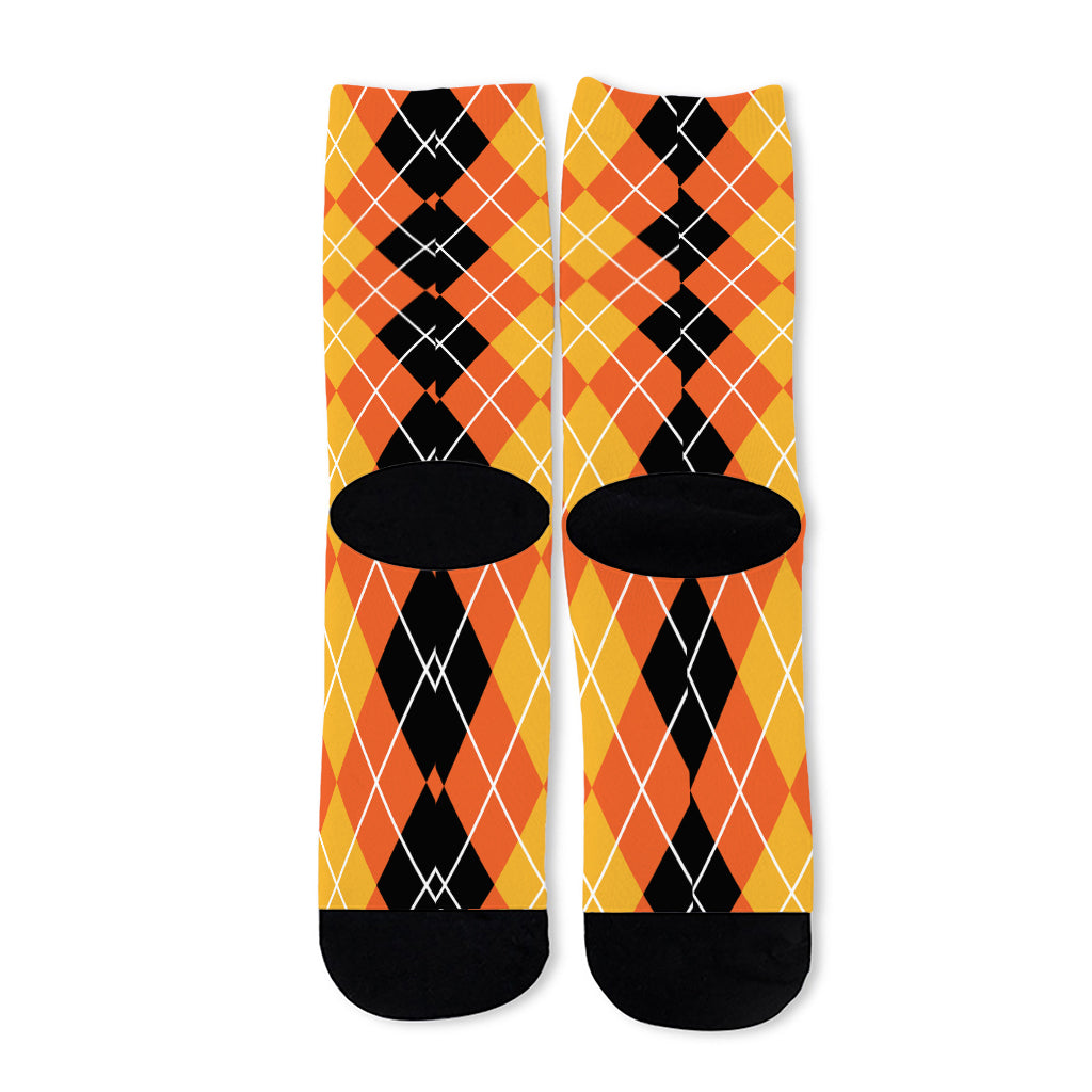 Black And Orange Argyle Pattern Print Long Socks