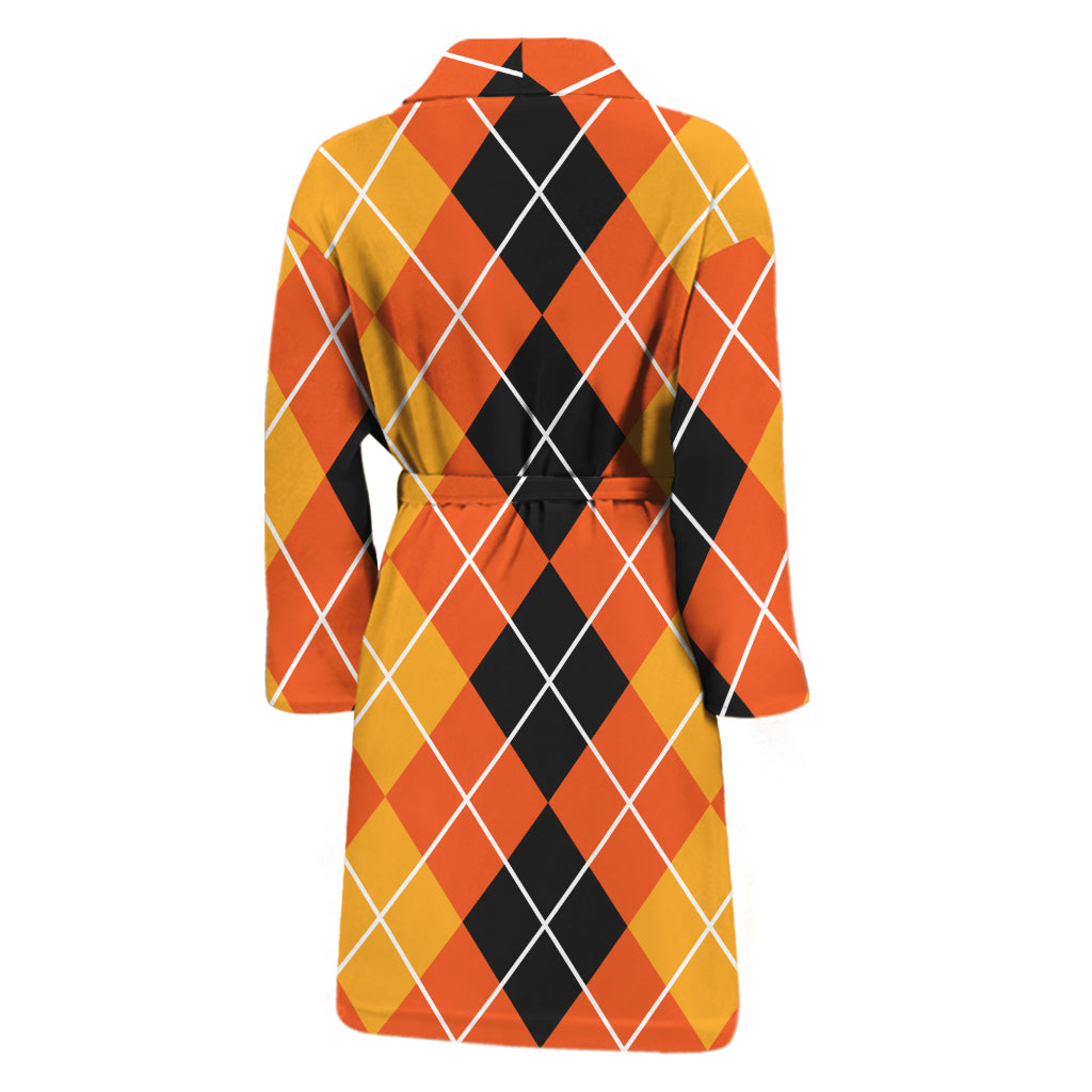 Black And Orange Argyle Pattern Print Men's Bathrobe