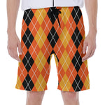 Black And Orange Argyle Pattern Print Men's Beach Shorts