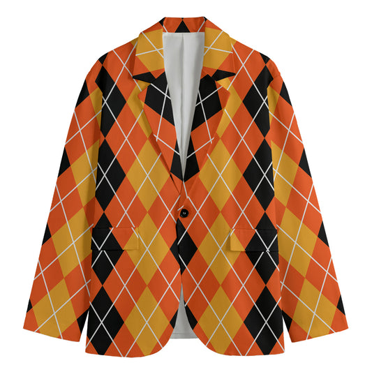 Black And Orange Argyle Pattern Print Men's Blazer