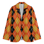 Black And Orange Argyle Pattern Print Men's Blazer