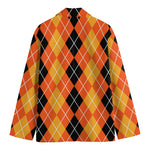 Black And Orange Argyle Pattern Print Men's Blazer
