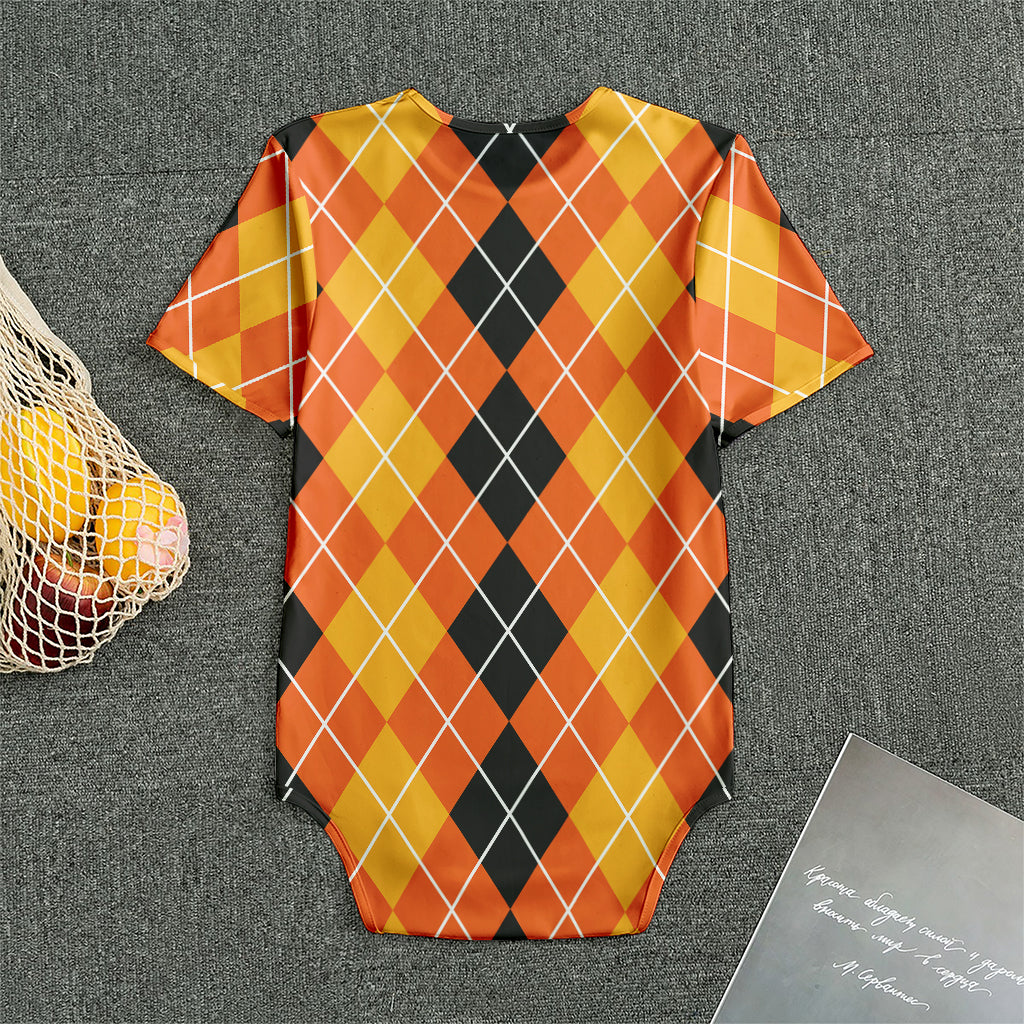 Black And Orange Argyle Pattern Print Men's Bodysuit