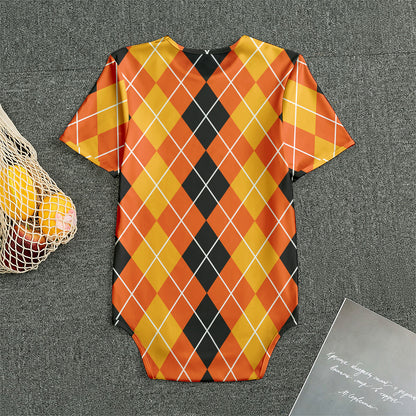 Black And Orange Argyle Pattern Print Men's Bodysuit