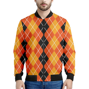 Black And Orange Argyle Pattern Print Men's Bomber Jacket