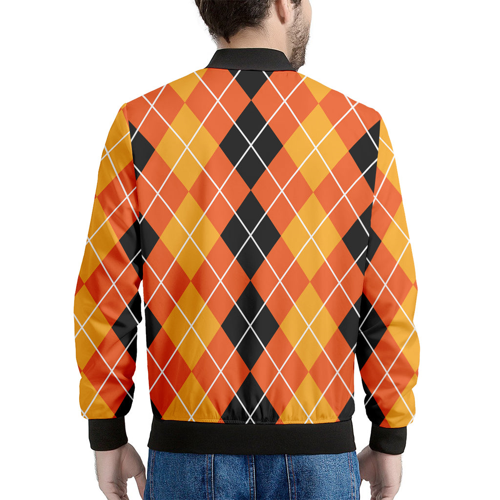 Black And Orange Argyle Pattern Print Men's Bomber Jacket