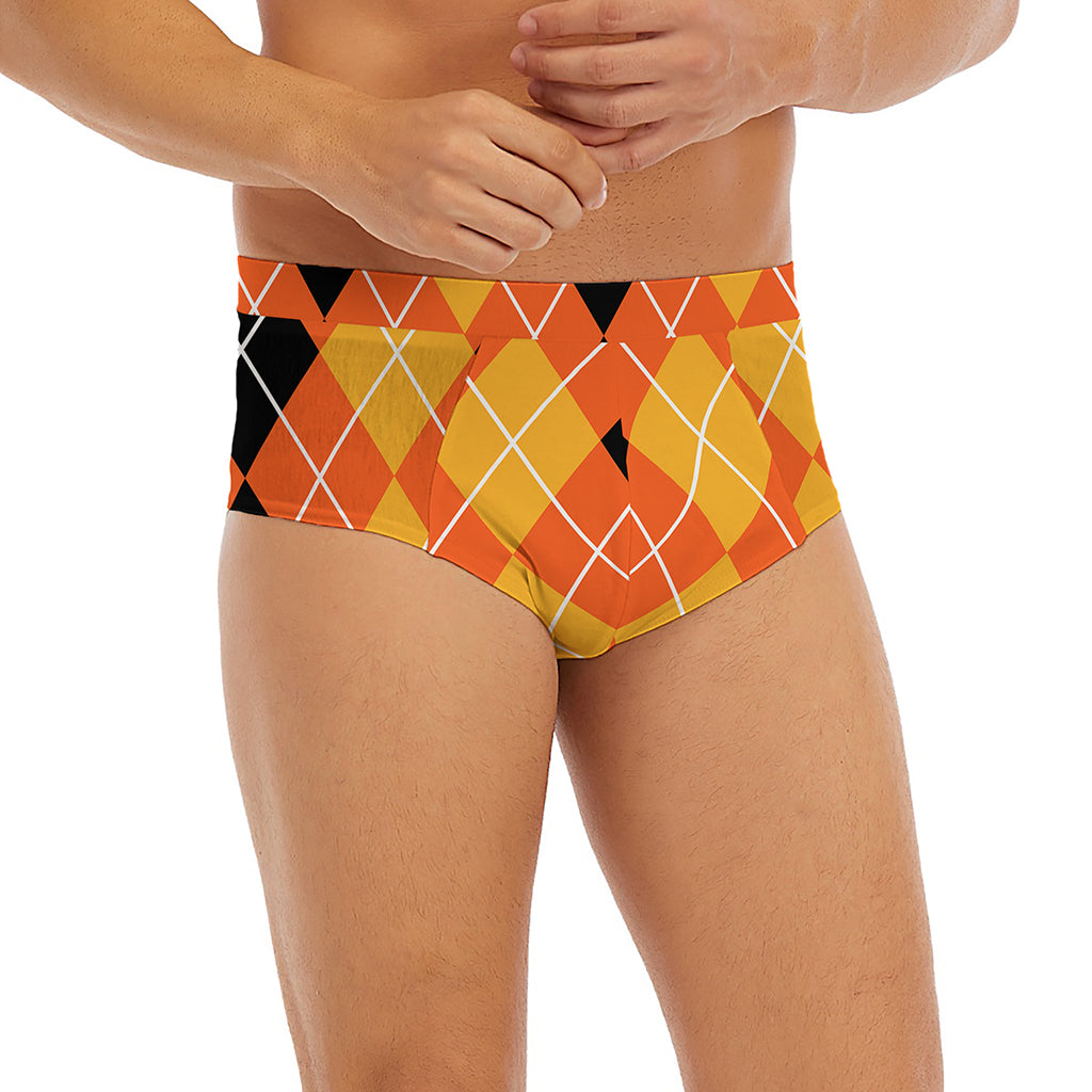 Black And Orange Argyle Pattern Print Men's Briefs
