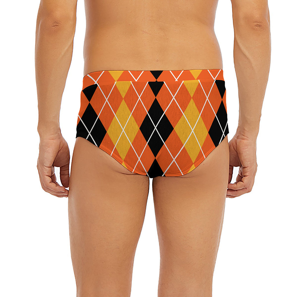 Black And Orange Argyle Pattern Print Men's Briefs