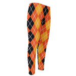 Black And Orange Argyle Pattern Print Men's Compression Pants