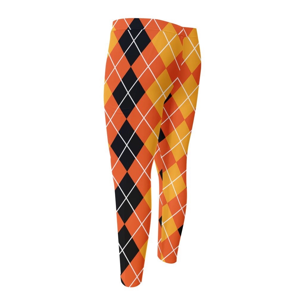 Black And Orange Argyle Pattern Print Men's Compression Pants