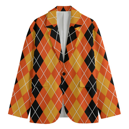 Black And Orange Argyle Pattern Print Men's Cotton Blazer