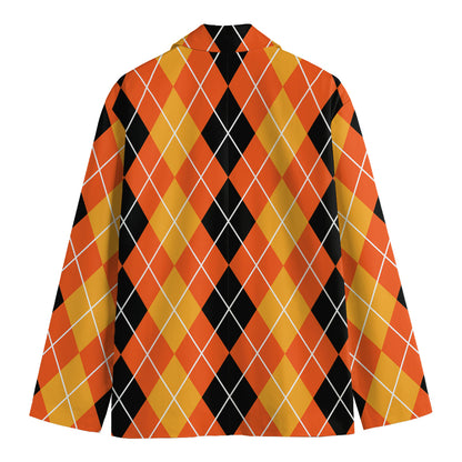 Black And Orange Argyle Pattern Print Men's Cotton Blazer