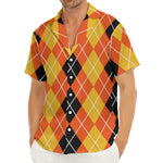 Black And Orange Argyle Pattern Print Men's Deep V-Neck Shirt