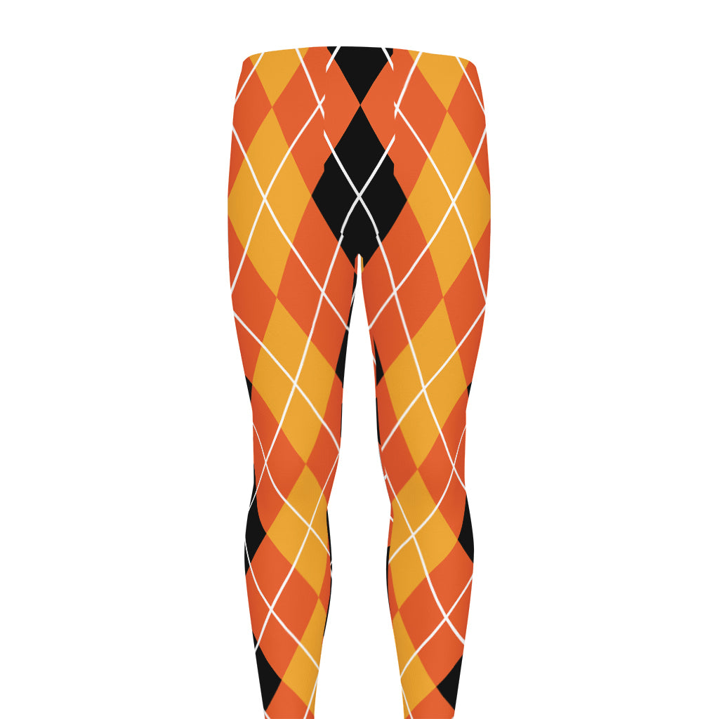 Black And Orange Argyle Pattern Print Men's leggings