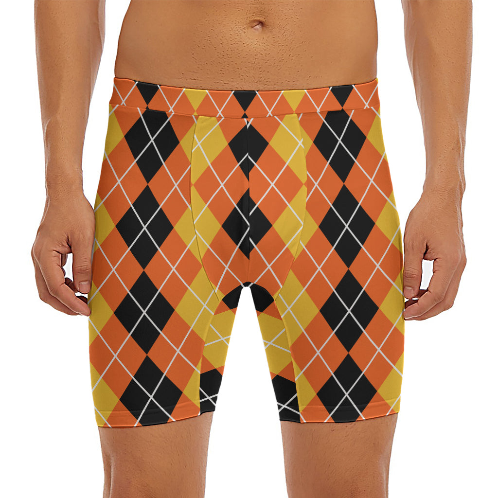 Black And Orange Argyle Pattern Print Men's Long Boxer Briefs