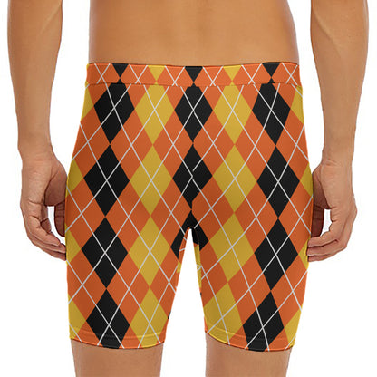 Black And Orange Argyle Pattern Print Men's Long Boxer Briefs