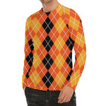 Black And Orange Argyle Pattern Print Men's Long Sleeve Rash Guard