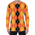 Black And Orange Argyle Pattern Print Men's Long Sleeve T-Shirt
